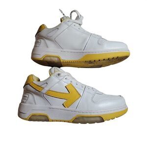 Off White Womens Out Of Office White Yellow Leather Lace Up Sneaker Shoes Sz 4.5